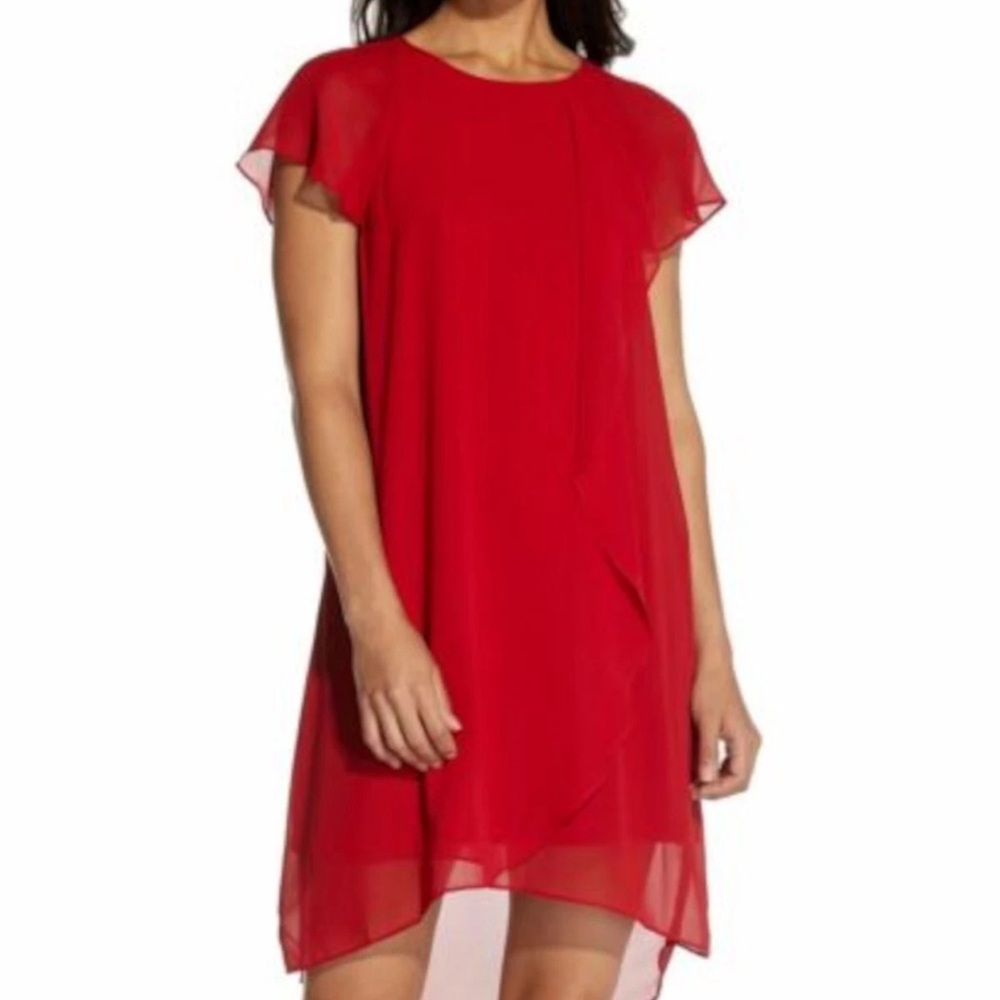 Adrianna Papell Red Cascade Ruffle Detail Chiffon Flowy Dress Size 8 New